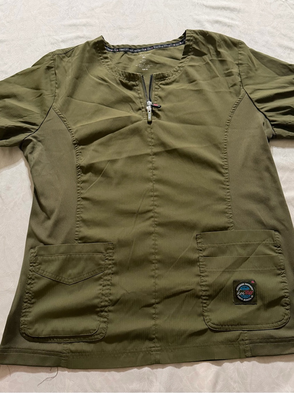 Koi Lite XL Olive Green Quarter Zip Nursing Scrub Top Stretch Side Panels